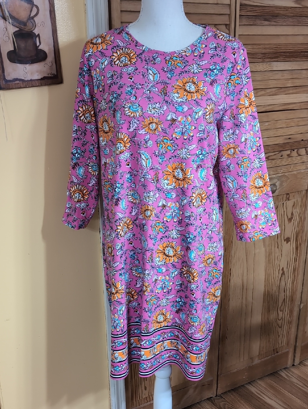 Kim Rogers Pink Floral 3/4 Sleeve Shift Dress with Border Hem L